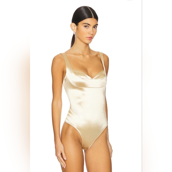 FREE PEOPLE Intimately Casino Dusk Latte Gold Satin Bodysuit STRETCHING Size M - Picture 16 of 16